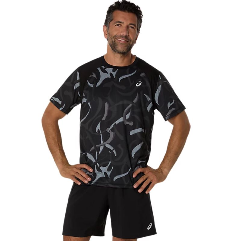  Asics Men's Road All Over Print SS Top Performance Black เสื้อวิ่งแขนสั้น