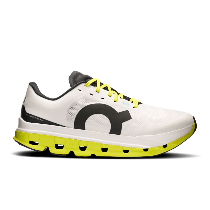 On Men's Cloudflow 5 White | Lime | รองเท้าวิ่งสำหรับทำความเร็วที่เบาและตอบสนองได้ดี