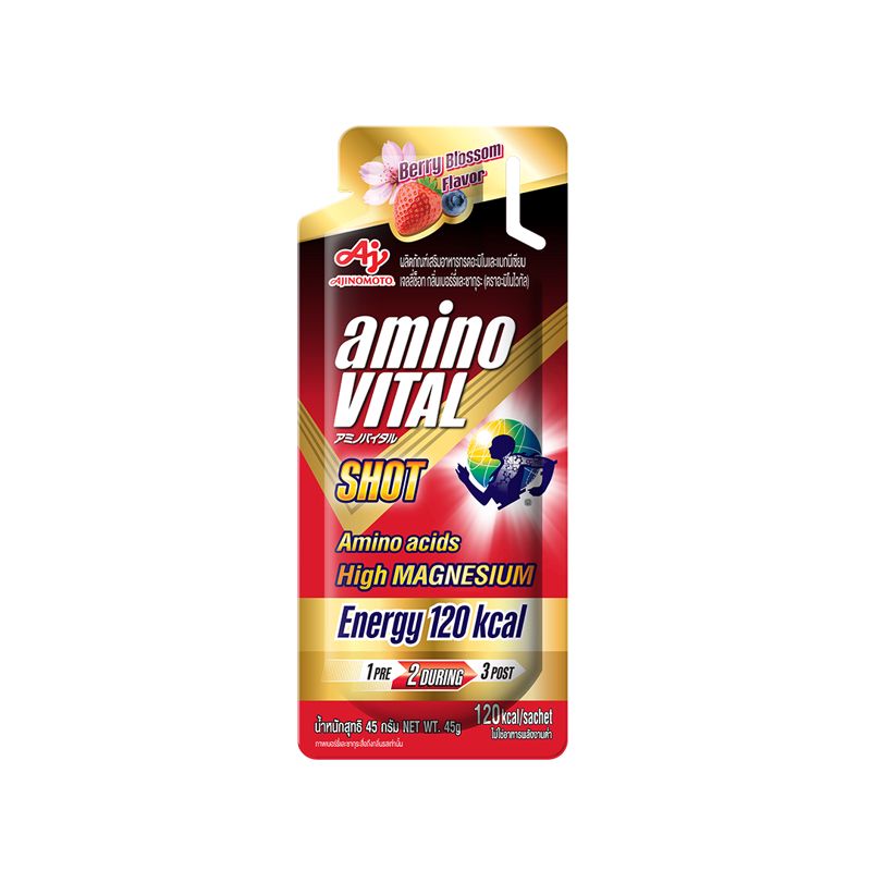 Amino VITAL Berry Blossom Shot อะมิโน ไวทัล เจลพลังงานผสมกรดอะมิโนพร้อมทาน กลิ่นเบอร์รี่ บลอสซัม 45 กรัม 1 ซอง