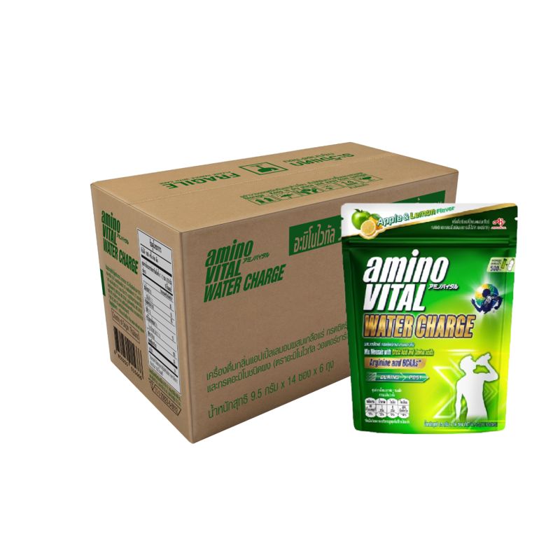 Amino Vital Water Charge Apple Lemon อะมิโนไวทัล วอเตอร์ชาร์จ เครื่องดื่มกลิ่นองุ่นผสมเกลือแร่และกรดอะมิโนชนิดผง X1 ลัง
