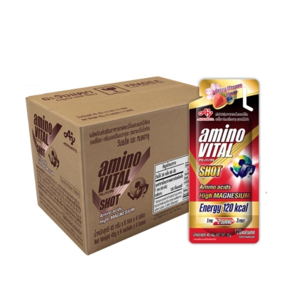 Amino VITAL Berry Blossom Shot อะมิโน ไวทัล เจลพลังงานผสมกรดอะมิโนพร้อมทาน กลิ่นเบอร์รี่ บลอสซัม 45 กรัม x 24 ซอง (ลัง)