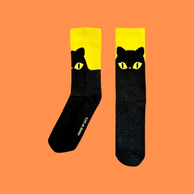 Baan Maew Maew Crew Socks - Cat Socks — Black Konja ถุงเท้าลายแมว