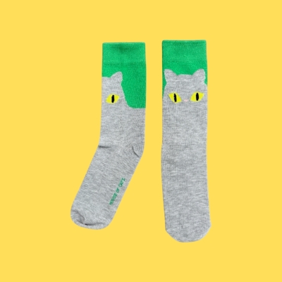 Baan Maew Maew Crew Socks - Cat Socks — Grey Cat ถุงเท้าลายแมว
