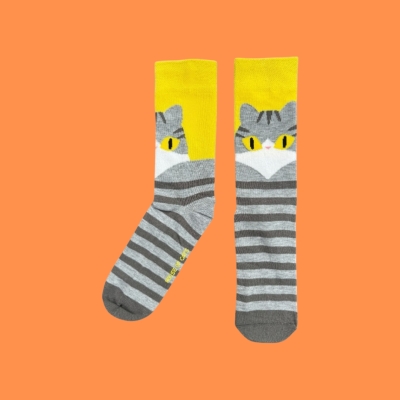 Baan Maew Maew Crew Socks - Cat Socks — Grey Tabby Cat ถุงเท้าลายแมว
