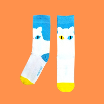 Baan Maew Maew Crew Socks - Cat Socks — White Khaomanee ถุงเท้าลายแมว