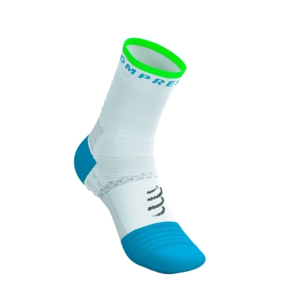 Compressport Pro Marathon Socks V2.0 - White/Norse Blue/Neon Green ถุงเท้าวิ่งมาราธอน