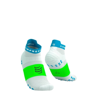 Compressport Pro Racing Socks V4.0 Run Low - White/Norse Blue/Neon Green ถุงเท้าวิ่งข้อสั้น