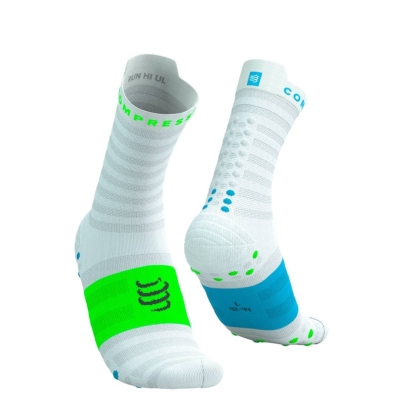 Compressport Pro Racing Socks V4.0 Ultralight Run High White/Norse Blue/Neon Green ถุงเท้าวิ่งข้อสูง
