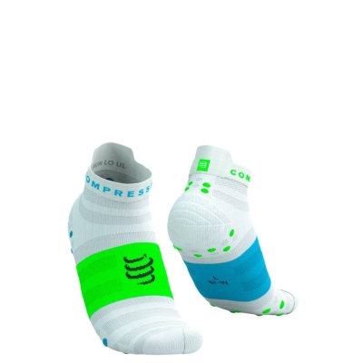Compressport Pro Racing Socks V4.0 Ultralight Run Low - White/Norse Blue/Neon Green ถุงเท้าวิ่งข้อสั้น