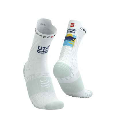 Compressport Pro Racing Socks V4.0 Trail 360 Print - UTMB 2025 - L1 White/Ice Flow (ถุงเท้าวิ่งเทรล UTMB Edition)