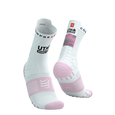 Compressport Pro Racing Socks V4.0 Trail 360 Print - UTMB 2025 - L1 White/Roseate (ถุงเท้าวิ่งเทรล UTMB Edition)