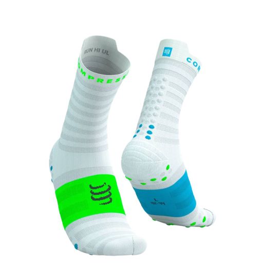 Compressport Pro Racing Socks V4.0 Ultralight Run High White/Norse Blue/Neon Green ถุงเท้าวิ่งข้อสูง