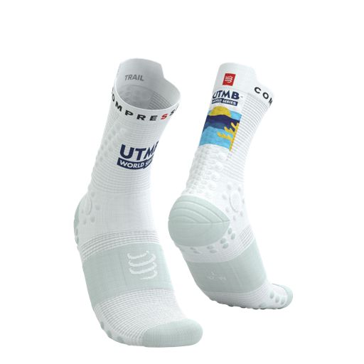 Compressport Pro Racing Socks V4.0 Trail 360 Print - UTMB 2025 - L1 White/Ice Flow (ถุงเท้าวิ่งเทรล UTMB Edition)