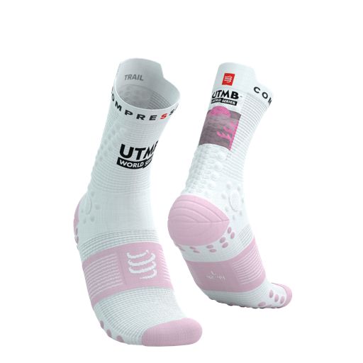 Compressport Pro Racing Socks V4.0 Trail 360 Print - UTMB 2025 - L1 White/Roseate (ถุงเท้าวิ่งเทรล UTMB Edition)