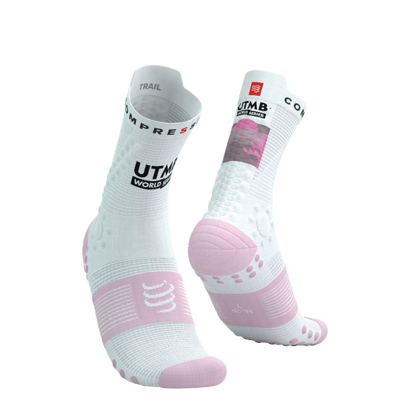 Compressport Pro Racing Socks V4.0 Trail 360 Print - UTMB 2025 - L1 White/Roseate (ถุงเท้าวิ่งเทรล UTMB Edition)